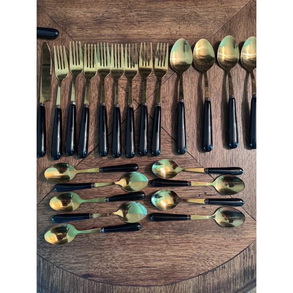 Vintage Gold Tone Flatware Set Black Tapered Handles 32 Piece Mid Century Modern